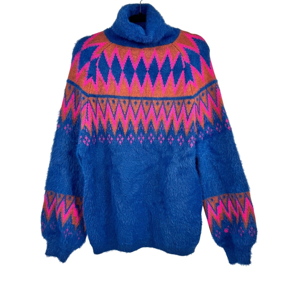 &merci Women's Argyle Faux Fur Turtleneck Boho Sweater Balloon Sleeve Size Large